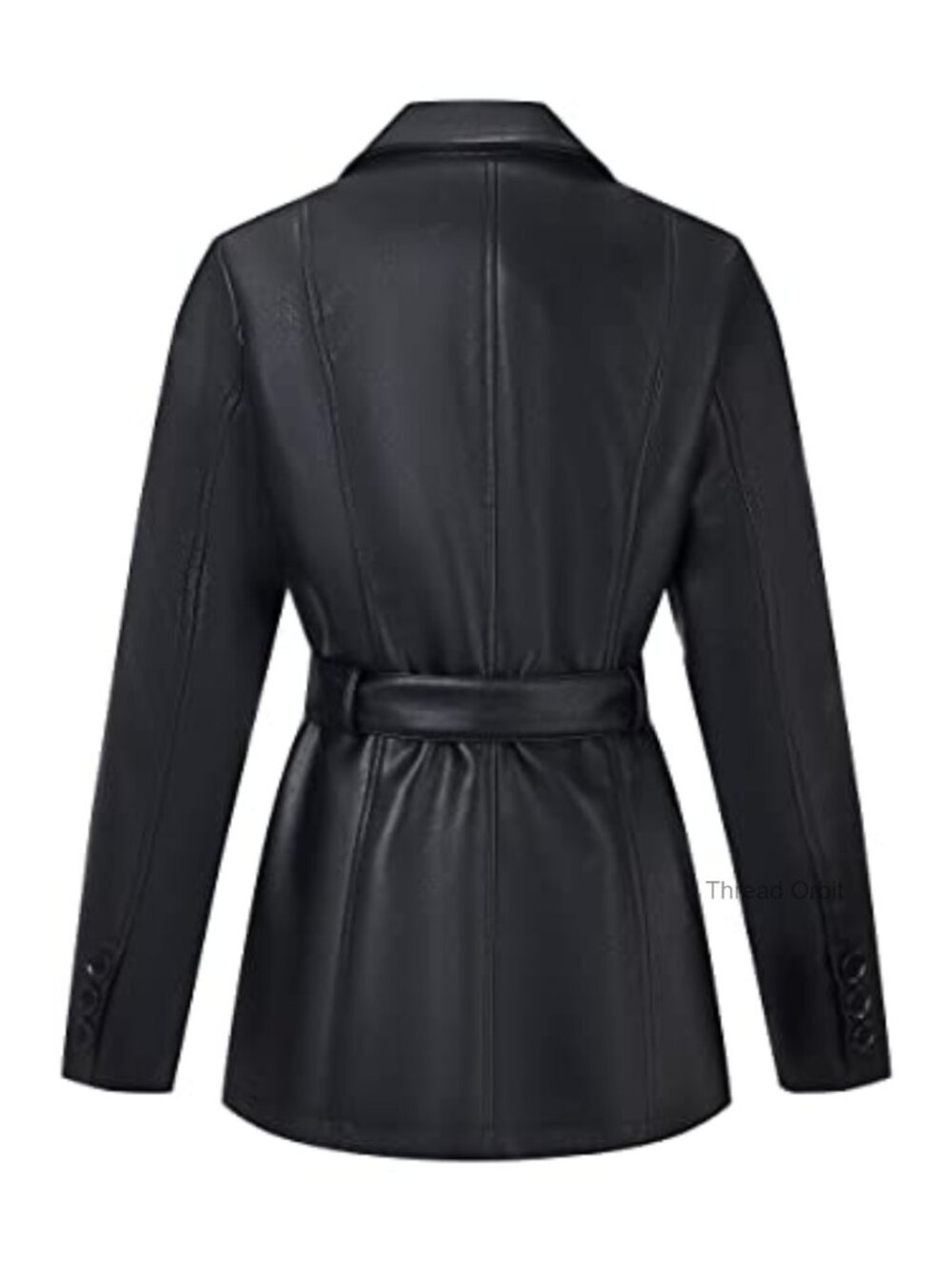 Faux Leather Blazer Jacket with Removable Belt, Notched Lapel, Vegan PU Coat - Picture 4 of 6